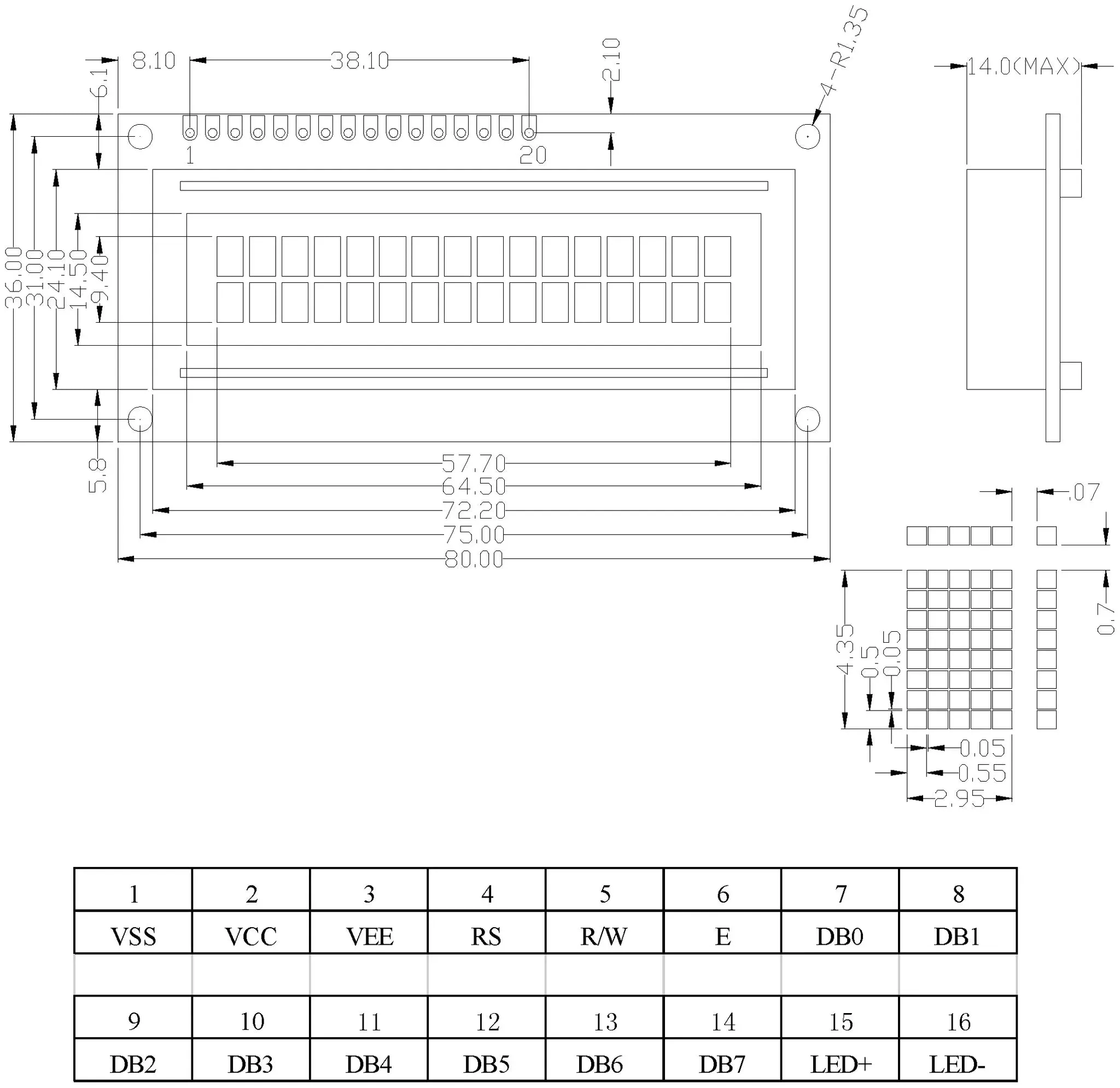 16 x 2 Dot Matrix Backlit LCD Module with Driver & Controller, Measures 80 × 36 × 9.5mm