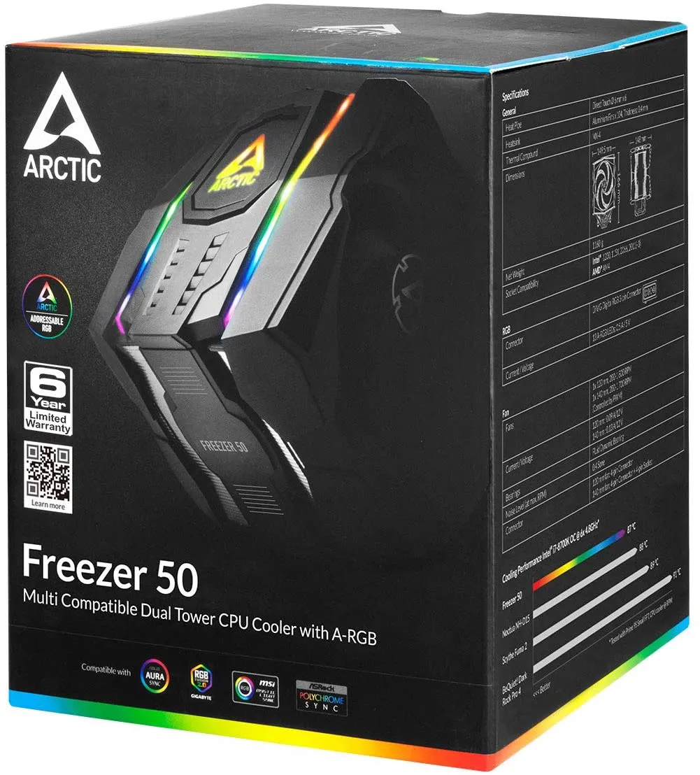 Arctic Freezer 50 Dual Tower ARGB Heatsink & Fan w/ RGB Controller, Intel & AMD Sockets, 6 Direct Touch Heatpipes, 120/140mm Fans, Air Cooler