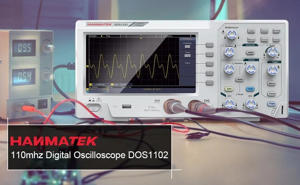 Hanmatek DOS1102 Digital Oscilloscope: 100mhz 2 channel 1gsa/s 7 inch LCD USB PC Connection