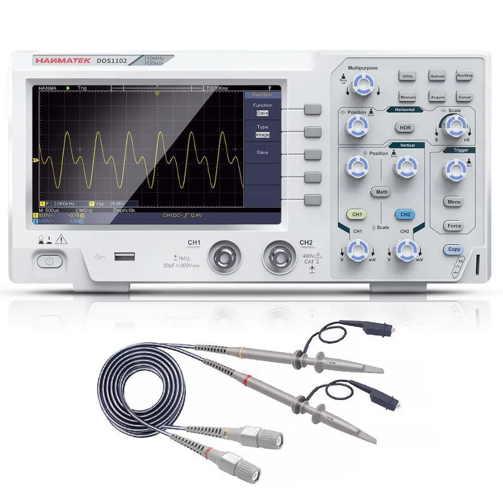 Hanmatek DOS1102 Digital Oscilloscope: 100mhz 2 channel 1gsa/s 7 inch LCD USB PC Connection