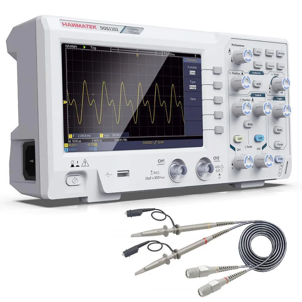 Hanmatek DOS1102 Digital Oscilloscope: 100mhz 2 channel 1gsa/s 7 inch LCD USB PC Connection