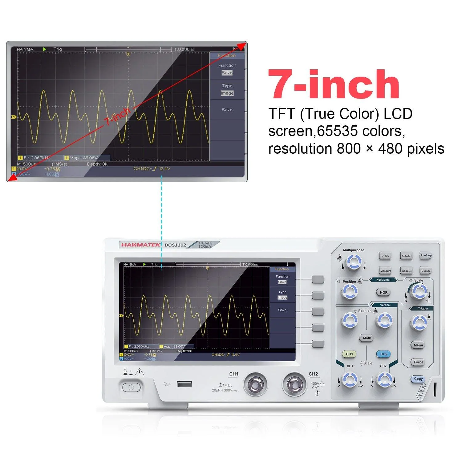 Hanmatek DOS1102 Digital Oscilloscope: 100mhz 2 channel 1gsa/s 7 inch LCD USB PC Connection