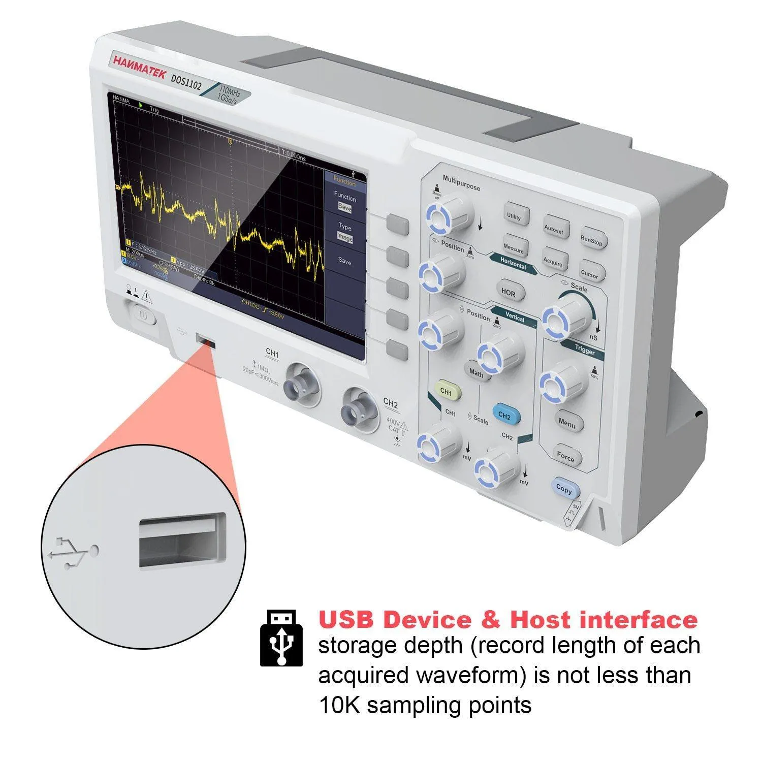 Hanmatek DOS1102 Digital Oscilloscope: 100mhz 2 channel 1gsa/s 7 inch LCD USB PC Connection