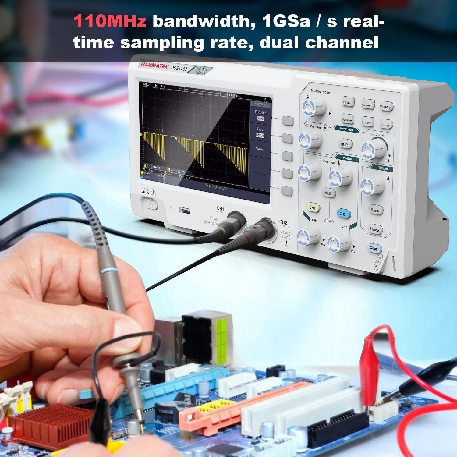 Hanmatek DOS1102 Digital Oscilloscope: 100mhz 2 channel 1gsa/s 7 inch LCD USB PC Connection