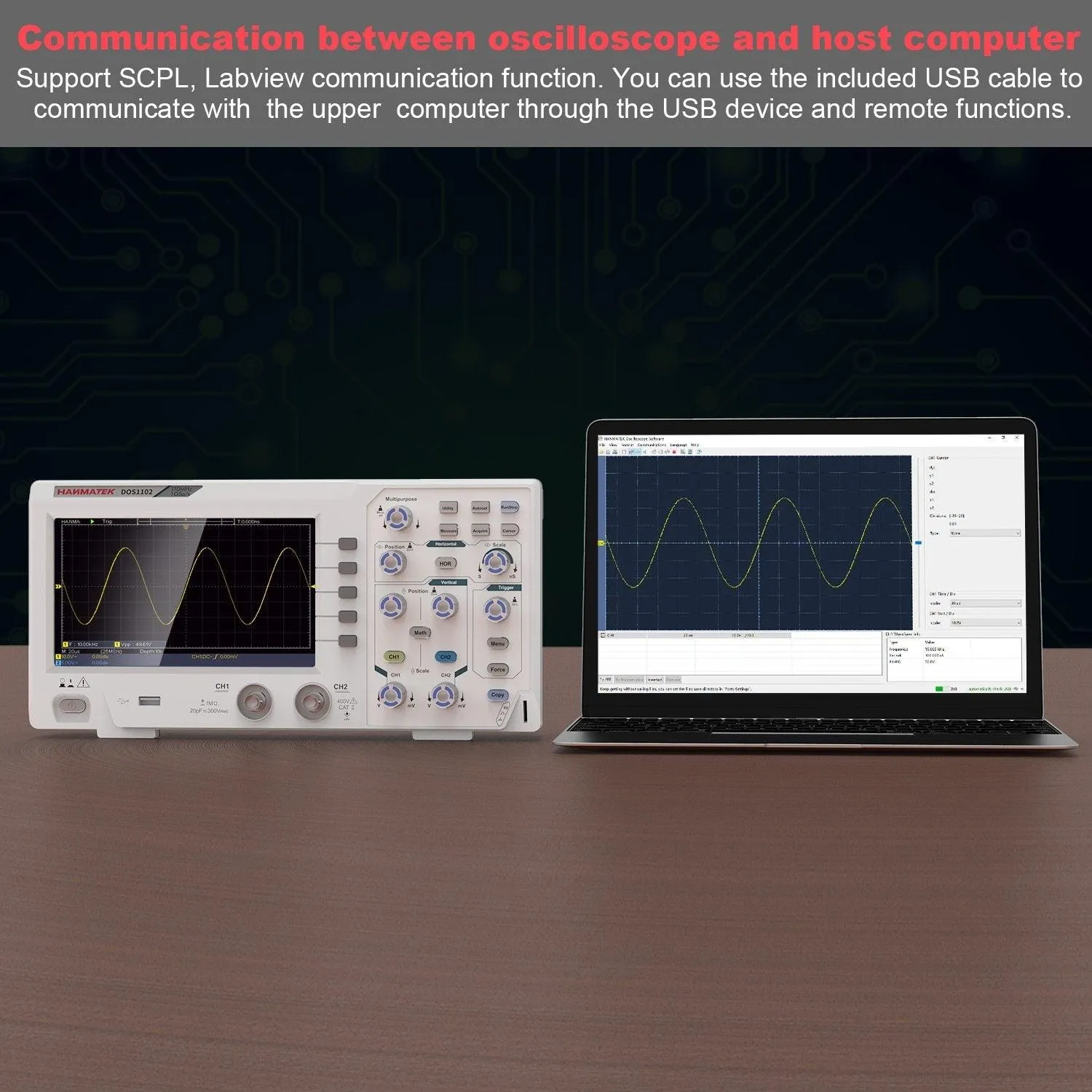 Hanmatek DOS1102 Digital Oscilloscope: 100mhz 2 channel 1gsa/s 7 inch LCD USB PC Connection