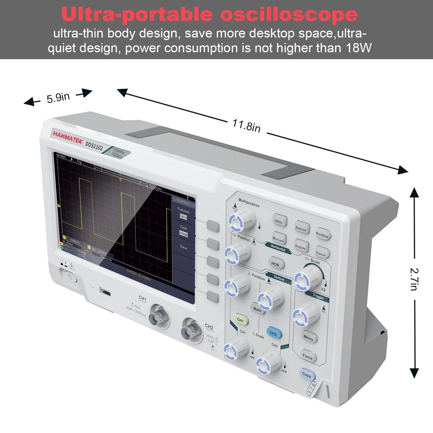 Hanmatek DOS1102 Digital Oscilloscope: 100mhz 2 channel 1gsa/s 7 inch LCD USB PC Connection