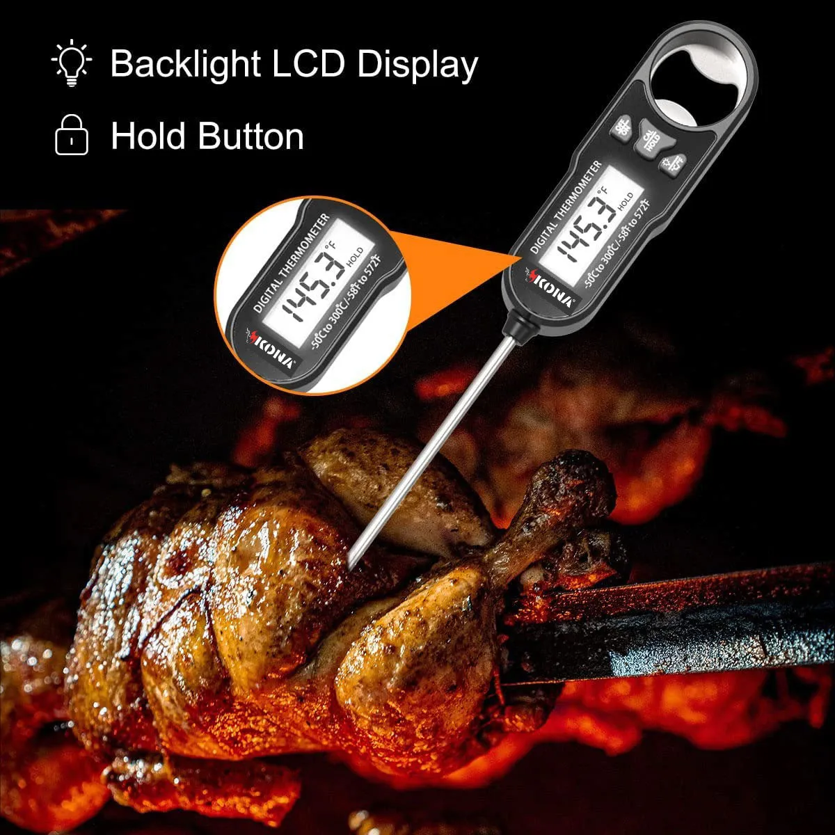 Kona Digital Meat and Candy Thermometer with Backlit LED Screen - Compact and Accurate Cooking Tool for Perfectly Cooked Food Every Time! Ideal for BBQ, Grilling, Kitchen, Oven, and Smoker